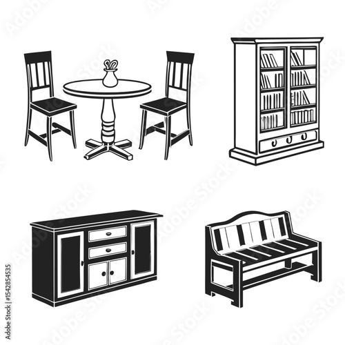 Elegant furniture illustration depicting dining table chairs bookshelf and bench designs