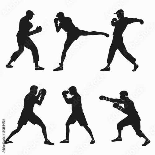 Silhouetted fighters engaging in boxing and kickboxing poses set against a white background