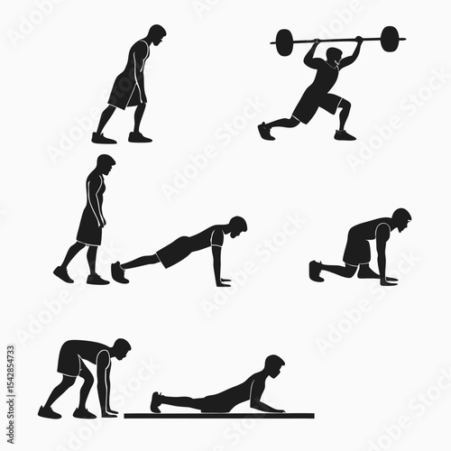 Silhouetted man performing various exercises demonstrating proper workout technique