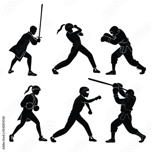 Silhouetted martial arts fighters demonstrating various techniques and combat actions against each other