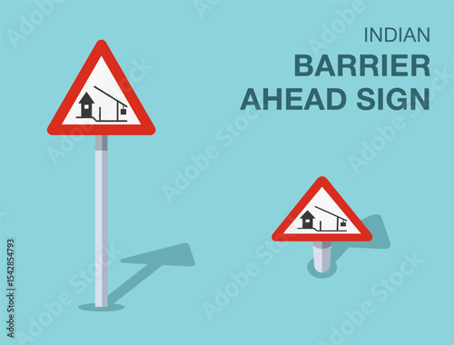Traffic regulation rules. Isolated indian "barrier ahead" road sign. Front and top view. Flat vector illustration template.