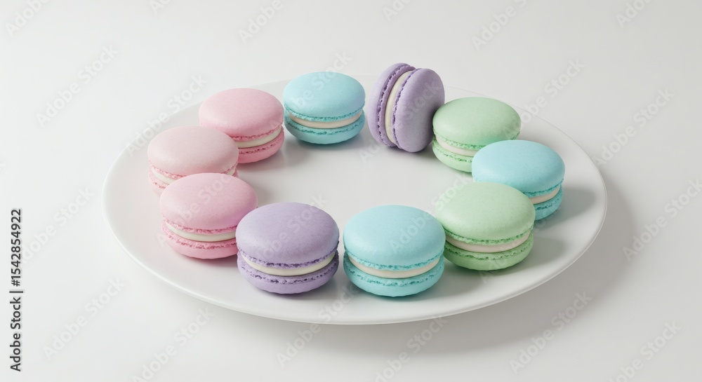 Fototapeta premium Pastel Macarons Arranged in a Circle on a White Plate