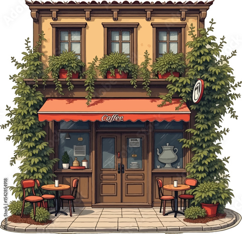 Colorful coffee shop storefront vector illustration Cafe facade with outdoor seating and plants for cozy urban business design