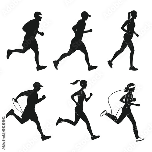 Silhouettes of runners in action depicting various running poses on white background