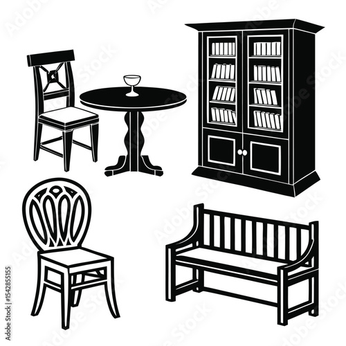 Vector illustration of furniture silhouettes including chairs table bench and a bookshelf