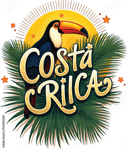Costa Rica travel vector illustration with toucan Tropical logo design with bird palm leaves and sun for summer vacation souvenir