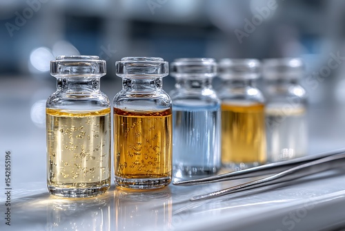 In the laboratory, several glass vials filled with different colors of liquid stand on an elegant white tabletop.