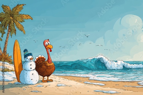Snowman and turkey on a tropical beach with a surfboard.