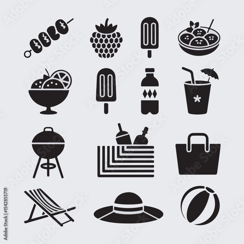 A vector illustration depicting summertime icons featuring food beverage and beach accessories with a minimalist design