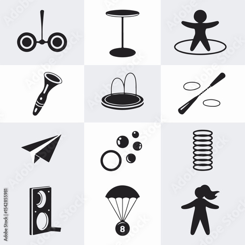 Collection of various black and white simple iconography symbols representing diverse concepts and elements for design