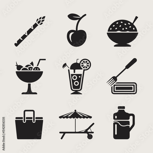 Silhouetted icons depicting summer picnic essentials food drinks and leisure activities in monochrome design