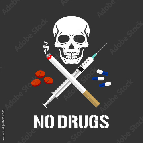 Vector illustration of a no drugs sign with skull symbol, representing danger and awareness for International Day Against Drug Abuse and Illicit Trafficking.
