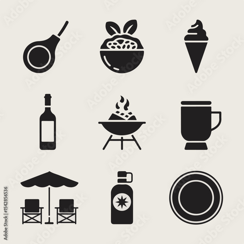 Simple black and white picnic and summer icons illustrating food drinks and outdoor leisure activities.