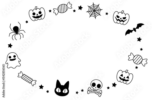 ハロウィンモチーフのシンプルモノクロフレームベクターイラスト 