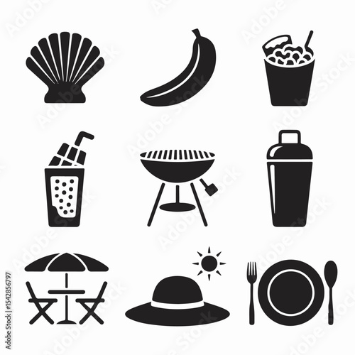 Summer icon set featuring beach picnic elements food and drink for holiday vacation or celebration