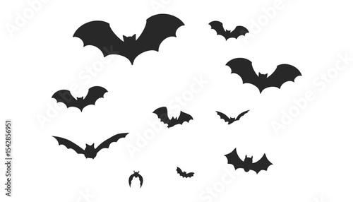 Swarm of bats flying in wave pattern. Black Halloween silhouettes for scary night scenes, vampire cave effects, or spooky dividers and nature icons.