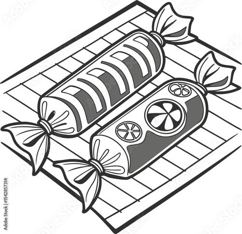 Vintage art drawing of sushi with chopsticks and a Christmas gift box, a food business cartoon design illustration