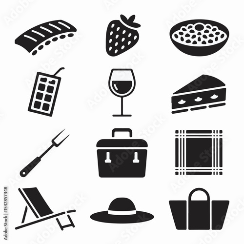 A collection of monochrome icon illustrations representing picnic essentials and summer lifestyle items