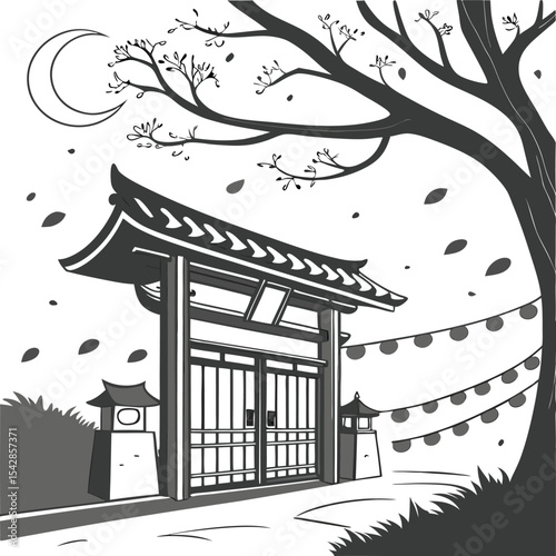 Japanese style architecture of an ancient temple with a pagoda against the night sky in a park
