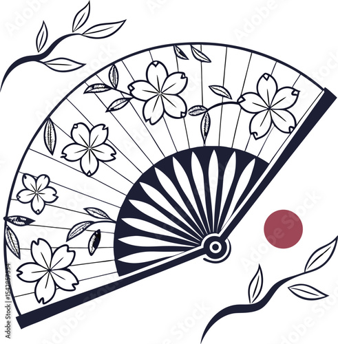 Japanese fan vector illustration with a floral pattern design, a traditional oriental accessory