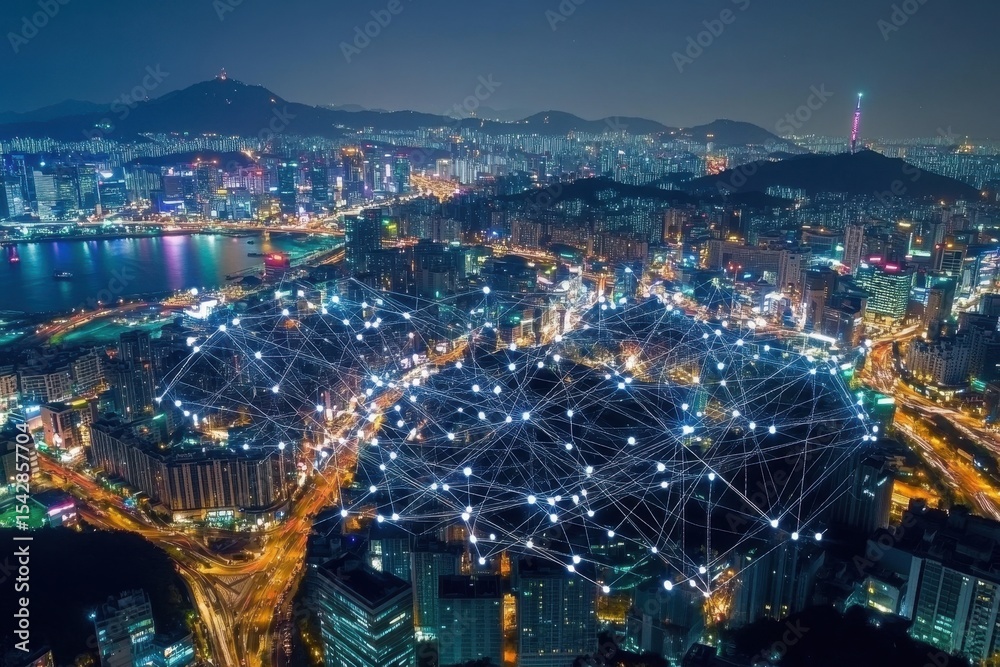 Fototapeta premium Global business connections illustrated by a network map over a vibrant cityscape at night, Global business concept of connections and information transfer in the world from singapore