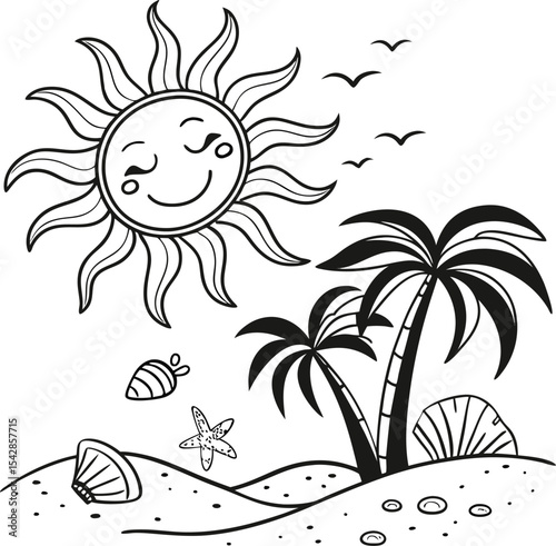 Tropical summer vector illustration with sun, sea, palm trees, and floral beach island design
