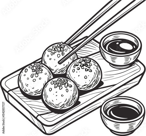 A vector illustration of a Japanese food set with fresh vegetables, eggs, and fruit on a white plate