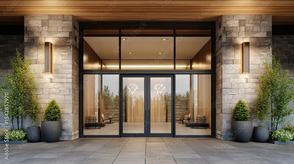 Fototapeta premium Modern luxury home entrance with glass doors stone walls potted plants and warm outdoor lighting