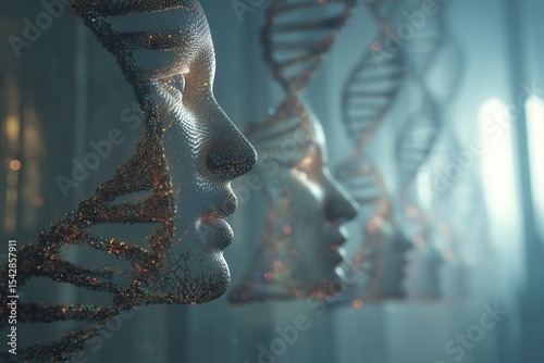 Dna strands morphing into human faces representing artificial intelligence and genetic engineering