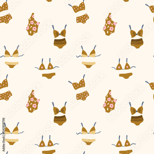 Cute pattern with swimming suits and bikinis. Vector illustration. Design for wallpaper, wrapping paper, clothing, cards and invitations. Vintage hand drawn art.