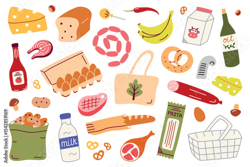 Flat cartoon vector illustration of grocery shopping set with food products and reusable bag. Collection of groceries from supermarket for meal prep, cooking, healthy eating, eco lifestyle concepts