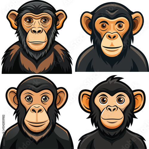 Four cartoon chimpanzee portraits