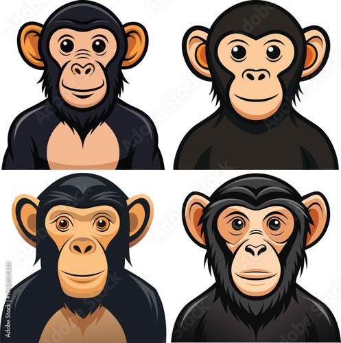 Four cute chimpanzee cartoon portraits