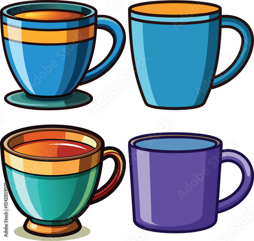 Four colorful cartoon mugs tea coffee drinks