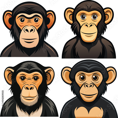 Four cute chimpanzee cartoon faces
