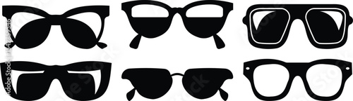 Sunglasses vector icon set for fashion accessory design summer eyewear style and sun protection Men and women glasses. hipster frame, fashion black plastic rims. Trendy Optics, modern shade graphic
