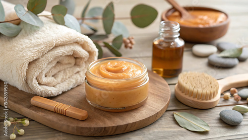 Serene Spa Still Life featuring Natural Beauty and Wellness Products on Wooden Surface