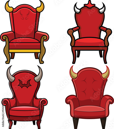 Four red armchairs with horns devilish throne design