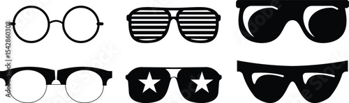 Sunglasses vector icon set for fashion accessory design summer eyewear style and sun protection Men and women glasses. hipster frame, fashion black plastic rims. Trendy Optics, modern shade graphic