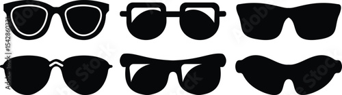 Sunglasses vector icon set for fashion accessory design summer eyewear style and sun protection Men and women glasses. hipster frame, fashion black plastic rims. Trendy Optics, modern shade graphic