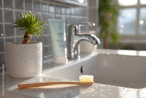 A bamboo toothbrush on the bathroom sink, next to an eco-friendly toothpaste tube.