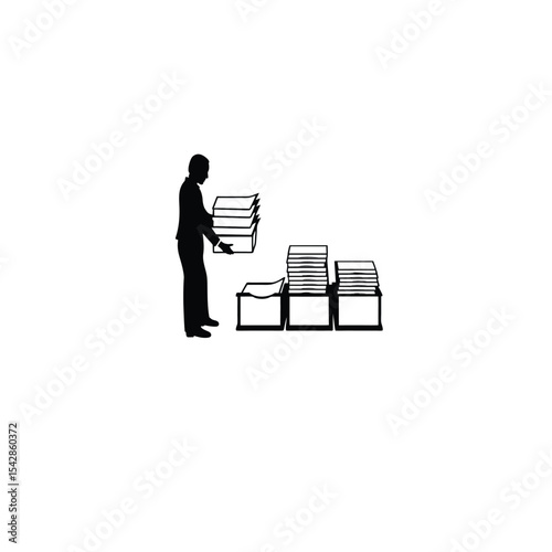 An employee stacking papers or filing documents on white background