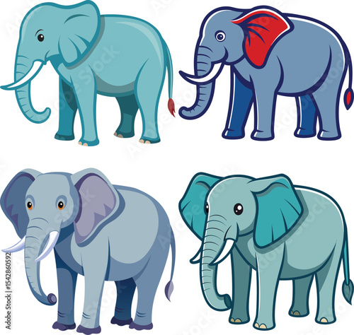 Four cute cartoon elephants in different colors