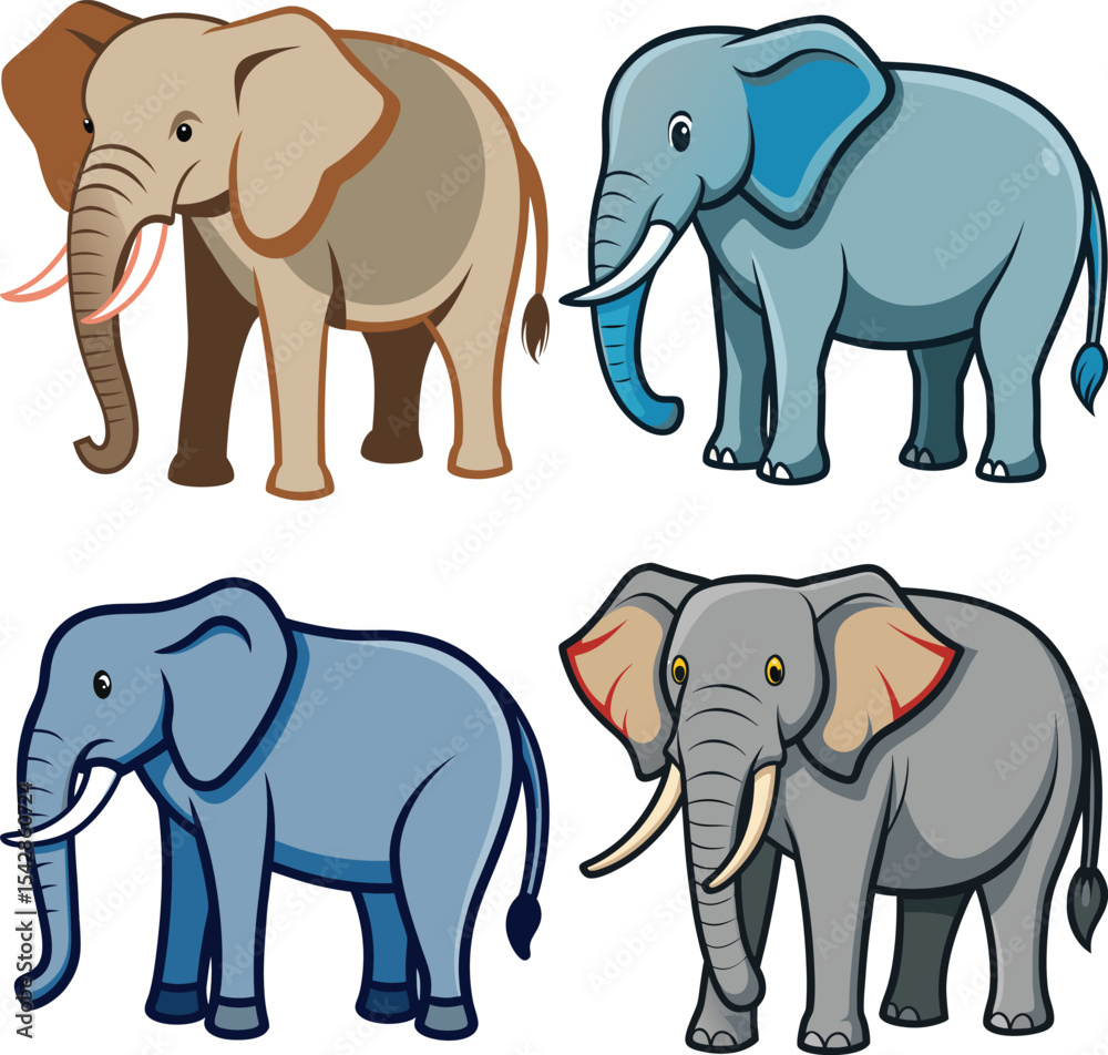 Fototapeta premium Four cartoon elephants different colors illustration