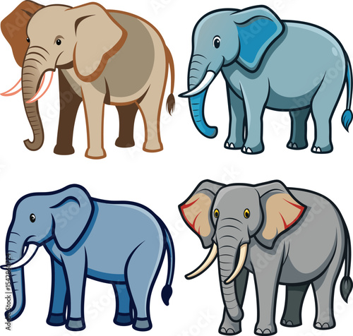 Four cartoon elephants different colors illustration