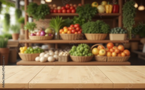 Matte pinewood table before rustic farmer’s market, product mockup for organic food branding