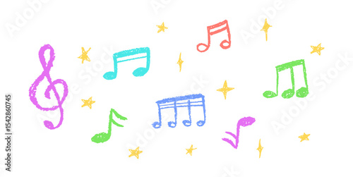 Vector illustration of colorful music notes and stars in charcoal scribble style. Cute childish music school pastel or wax pencil signs. Handwritten pop elements on white for kindergarten designs.