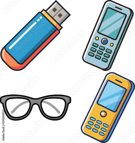 Technology icons usb flash drive mobile phones eyeglasses