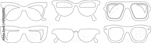 Sunglasses vector icon set for fashion accessory design summer eyewear style and sun protection Men and women glasses. hipster frame, fashion black plastic rims. Trendy Optics, modern shade graphic