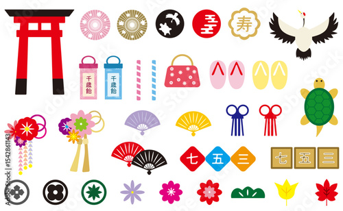 アイコン、シンボルにも使える神社、寺などで行われる子供の日本の伝統行事「七五三」の素材をデザインした色付ベクターのイラスト・コレクション